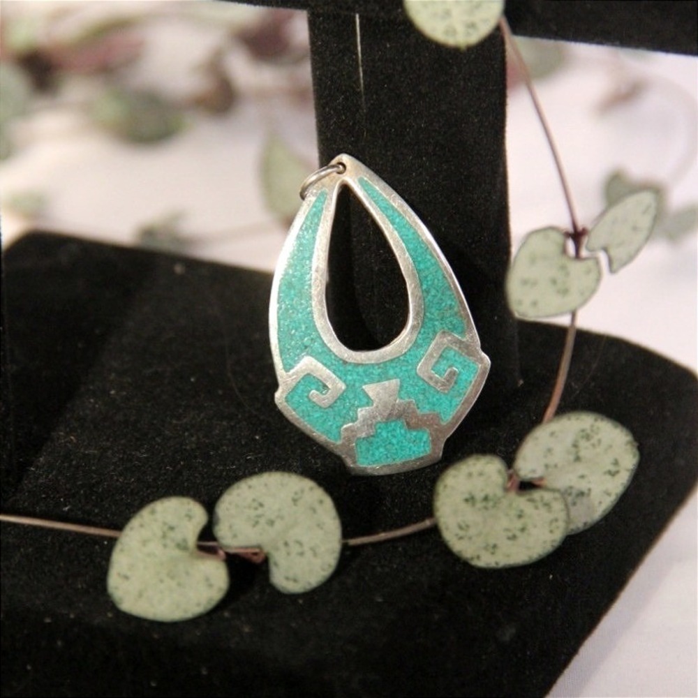 925 Sterling Silver Turquoise Inlay Geometric Teardrop Pendant‎ Southwestern